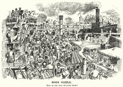 パンチの漫画。サリー州モリーシーロックのテムズ川の渋滞（彫刻 作： Alfred Chantrey Corbould