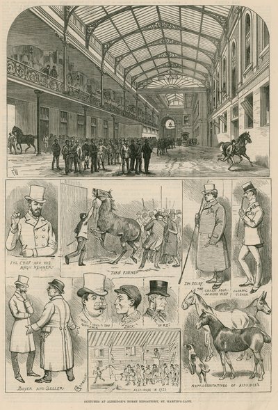 Aldridge&39;s Horse Repository、ロンドンのセントマーティンズレーンでのスケッチ 作： Alfred Chantrey Corbould