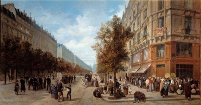 パリの本部。"Queue at the door of a grocery store (Felix Potin) at the corner of Rue Reaumur and Boulevard Sebastopol in November 1870" アルフレッド・デカエン（1820-1893）の絵画 1870年 Dim.1x0.7 m パリ、カルナヴァレ美術館 作： Alfred Charles Ferdinand Decaen