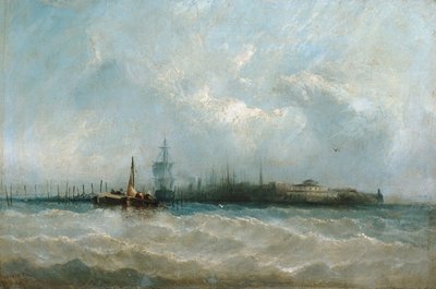 バッテリーとキャッスル ガーデンを示す港から見たニューヨーク、1858 年。 作： Alfred Copestick
