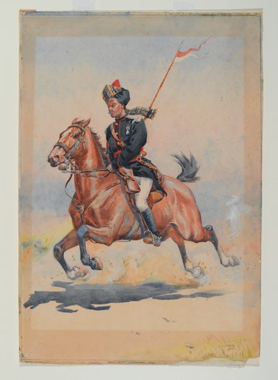 第6騎兵隊のジャット・ソワールが、槍を持って疾走しているところ。 作： Alfred Crowdy Lovett