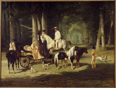 A.モッセルマン夫妻と二人の娘 馬に乗って森を歩く。アルフレッド・ド・ドリュー（1810-1860）の絵画 1848年 日2x2,65 m パリ、プティット・パレの美術館 作： Alfred Dedreux
