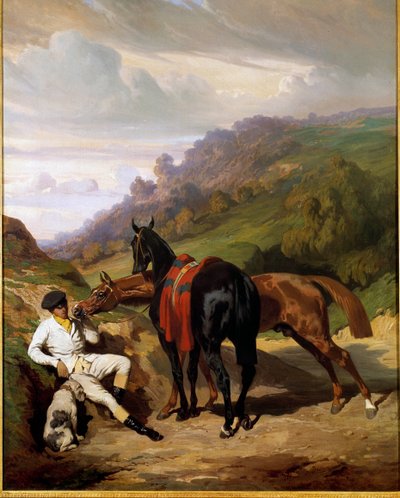 白人の若者と馬たち アルフレッド・ド・ドリュー（1810-1860）の絵画。19世紀個人蔵 作： Alfred Dedreux