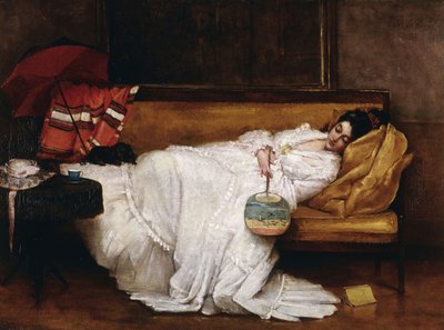扇子がソファーで寝ている女の子 作： Alfred Emile Stevens