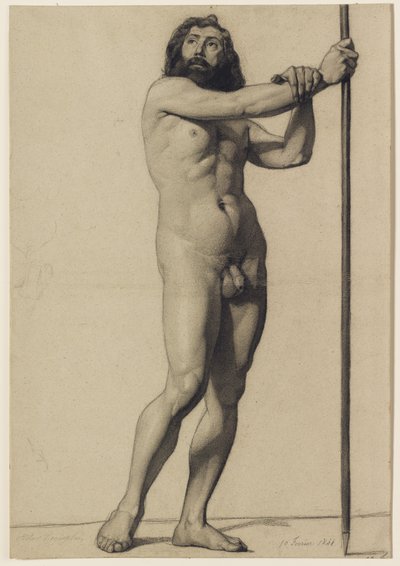 アカデミックフィギュア調査：スタッフを抱える男性のヌード、1844年 作： Alfred Emile Stevens