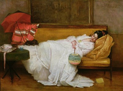 ソファで休む白いドレスの女の子 作： Alfred Emile Stevens