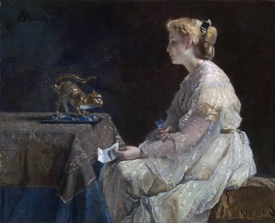 「現在」猫の小像を発見する若い女性 - アルフレッド・スティーブンス (1823-1906) による絵画、1870年頃 ロンドン・ナショナル・ギャラリー 作： Alfred Emile Stevens