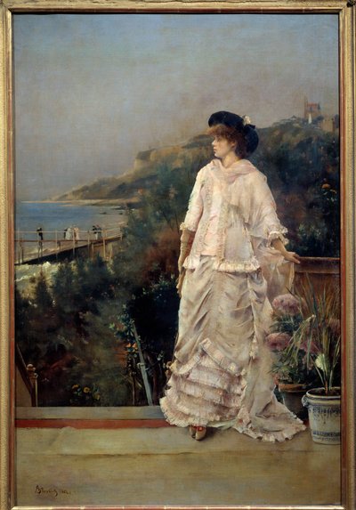 海辺のテラスに立つ女性の肖像 アルフレッド・スティーヴンス（1823-1906）の絵画 1882年 日1,1x0,66 m パリ、オルセー美術館 作： Alfred Emile Stevens