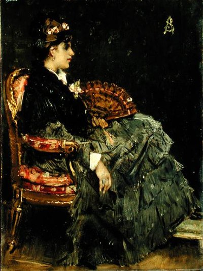 扇子を持つ女性の座像（油彩・パネル） 作： Alfred Emile Stevens