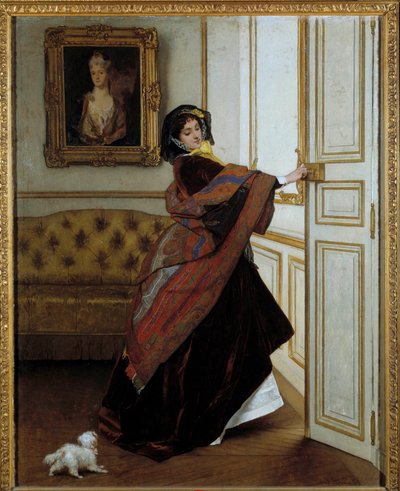 小犬を連れた婦人」 アルフレッド・スティーブンス（1823-1906）の絵画 1859年。キャンバスに油彩。寸法：61,6x48,9cm。個人蔵 作： Alfred Emile Stevens