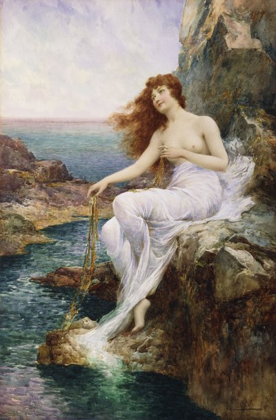 海藻のリボンが付いている岩の上に座っている海のニンフ、1897 作： Alfred Glendening