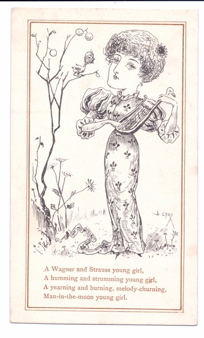 リュートをかき鳴らす美学のビクトリア朝のグリーティングカード、1881年頃（モノクロ） 作： Alfred Gray