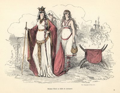 儀式用の衣装を着たフランク王国の女王、クロティルデ、5 世紀。 作： Alfred Grevin