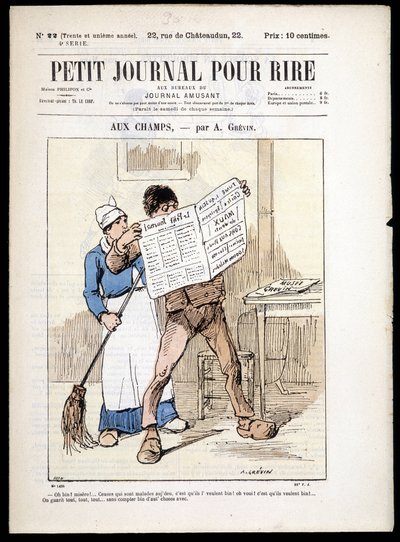 新聞を読む男。Le Petity Journal pour rire" n¡22, n.d. に掲載されたA.grévinの「"aux Champs"」。 作： Alfred Grevin