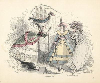 なよなよした髪飾りに戦艦をかぶった女性、ルイ 14 世の時代 作： Alfred Grevin