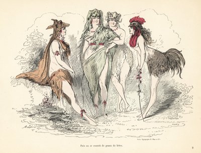 動物の皮、頭、羽の衣装を着た女性。 作： Alfred Grevin