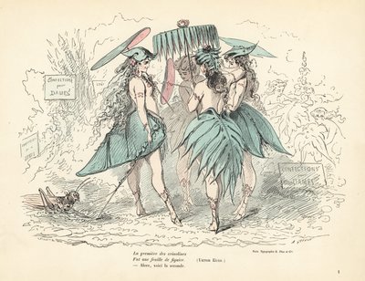 イチジクの葉のドレスと帽子だけを身にまとい、葉のパを持っている女性 作： Alfred Grevin