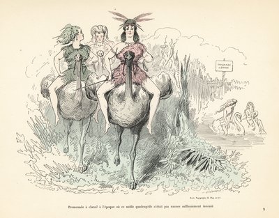 ダチョウや白鳥にまたがる動物の皮と羽毛の女性。 作： Alfred Grevin