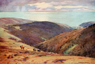エクスムーアでのアカシカ狩り、ポーロックの谷（カラーリトグラフ 作： Alfred Heaton Cooper