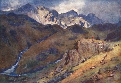 湖水地方：エスクデールの頭とスコウフェルでのキツネ狩り（カラーリトグラフ） 作： Alfred Heaton Cooper