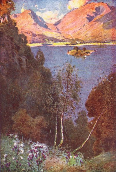 湖水地方グラスミアの片鱗、夕陽（カラーリトグラフ） 作： Alfred Heaton Cooper
