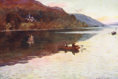 湖水地方ブラントウッド、コニストン湖、イワナ釣り（カラーリトグラフ） 作： Alfred Heaton Cooper