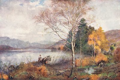 湖水地方炭焼き、コニストン湖（カラーリトグラフ） 作： Alfred Heaton Cooper