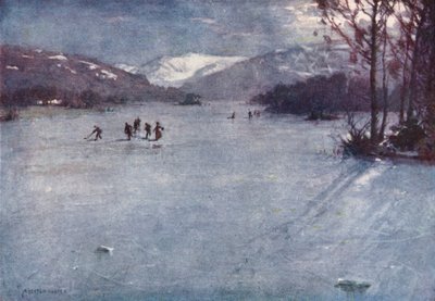 湖水地方：フェリー付近、ウィンダミア、月明かりのスケート（カラーリトグラフ） 作： Alfred Heaton Cooper