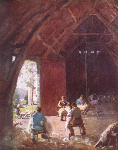 湖水地方：羊の毛刈り、エストウェイト・ホール・ファーム（カラーリトグラフ） 作： Alfred Heaton Cooper