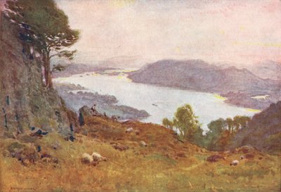 湖水地方：ワンズフェルからのウィンダミア、日没（カラーリトグラフ） 作： Alfred Heaton Cooper