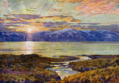 アビスコからのトーネ湖トラスクの真夜中の太陽 作： Alfred Heaton Cooper