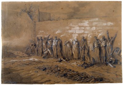 パリのコミューン：1871年5月28日、パリのペール・ラシェーズにあるフェデレの壁に、コミューンの闘士147人が処刑される。アルフレッド・アンリ・ダルジュー（1832-1874）によるインク画 Paris, Musee Carnavalet 作： Alfred Henri Darjou