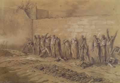 1871年5月28日、ペールラシェーズ墓地の「ムールデフェデレス」での処刑（茶色のチョークとセピア色の紙の白いガッシュで洗った） 作： Alfred Henri Darjou