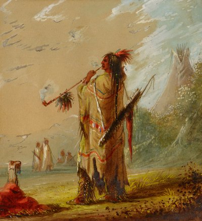 ショショーニー インディアン 喫煙、カリフォルニア州。 1860年代。 作： Alfred Jacob Miller