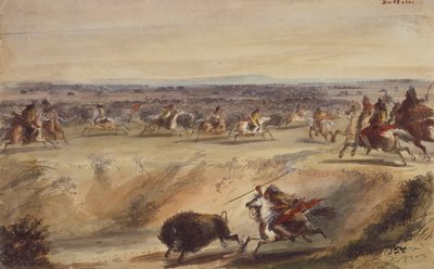 バッファローを囲むまたは狩る、1839年頃（紙に鉛筆、ペンとインク、水彩とガッシュ） 作： Alfred Jacob Miller