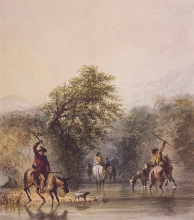インディアンから逃げるための道を破る、1837年頃（紙に水彩） 作： Alfred Jacob Miller