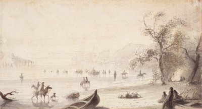プラットを横切る雄牛のボート、1837年頃（紙に描いたもの） 作： Alfred Jacob Miller
