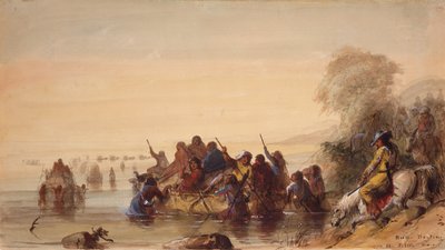 プラット川でのブルボート、1837年頃（紙に水彩） 作： Alfred Jacob Miller