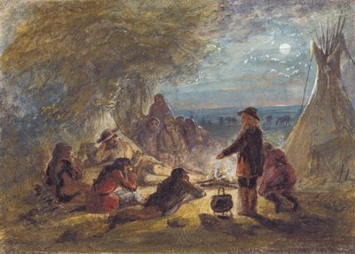 夜のキャンプファイヤー。 冒険に関するトラッパー、1858年頃（紙に鉛筆、ペンとインク、水彩とグワッシュ） 作： Alfred Jacob Miller