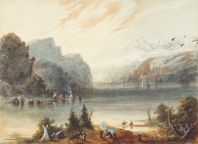 ロッキー山脈のチェーン湖、1837年頃（紙に鉛筆、水彩、グワッシュ） 作： Alfred Jacob Miller