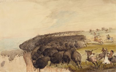 バッファローの群れを絶壁に追いやる、1837年頃（紙に鉛筆、ペン、インク、水彩） 作： Alfred Jacob Miller