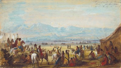 ロッキー山脈のふもとにあるグリーンリバーの野営地、1837年頃（紙に鉛筆、水彩、グアッシュ） 作： Alfred Jacob Miller