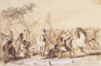 夕方、馬のピケ、1837年頃（紙に鉛筆、ウォッシュ、ガッシュ） 作： Alfred Jacob Miller
