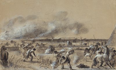 大草原の火、キャンプに火をつける、1837年頃（紙にハイライトで洗う） 作： Alfred Jacob Miller