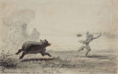 ハイイログマに追われるフォンテネル、1837年頃（紙にペン、インク、ウォッシュ） 作： Alfred Jacob Miller