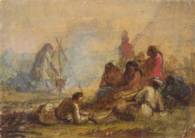 トラッパーとインディアンのグループ、1837年頃（紙に水彩とガッシュ） 作： Alfred Jacob Miller