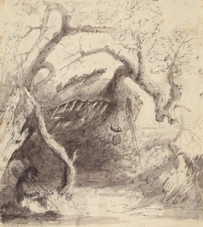 プラットのインディアンキャビン、1837年頃（ペンとインクとウォッシュオンペーパー） 作： Alfred Jacob Miller