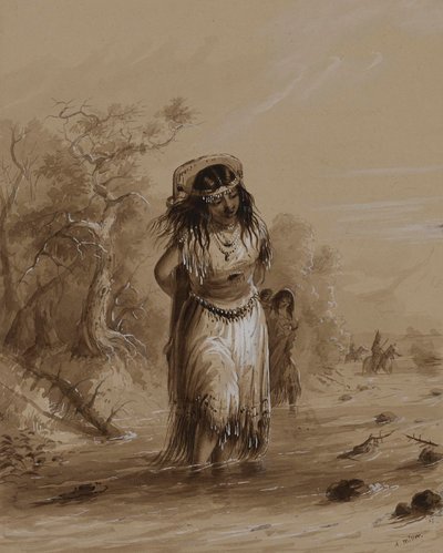 パプーズを背負ったインドの少女が小川を渡る 作： Alfred Jacob Miller