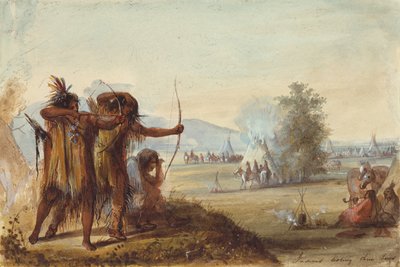 弓をテストするインディアン、1858年頃（紙に鉛筆、水彩、ガッシュ） 作： Alfred Jacob Miller