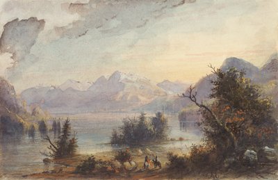 湖のシーン、ロッキー山脈、1837年頃（紙に水彩） 作： Alfred Jacob Miller